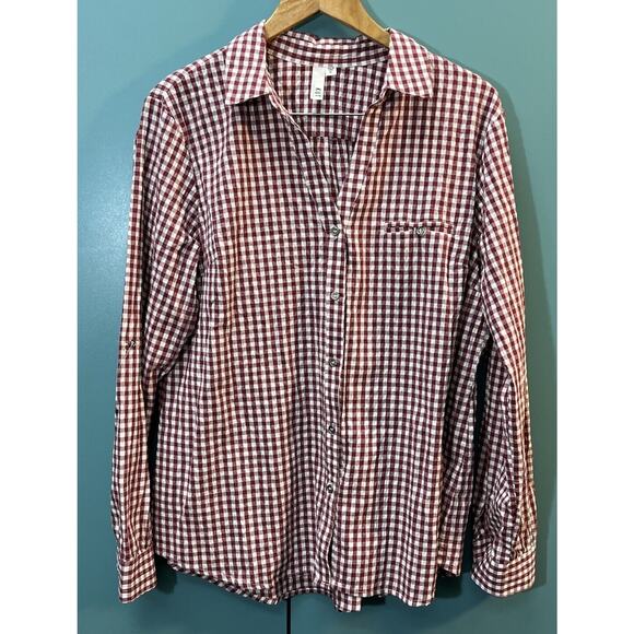 Kut from the Kloth Tops - Kut From The Kloth Women's Size XL Burgundy Gingham Plaid Button-Up V Neck Long
